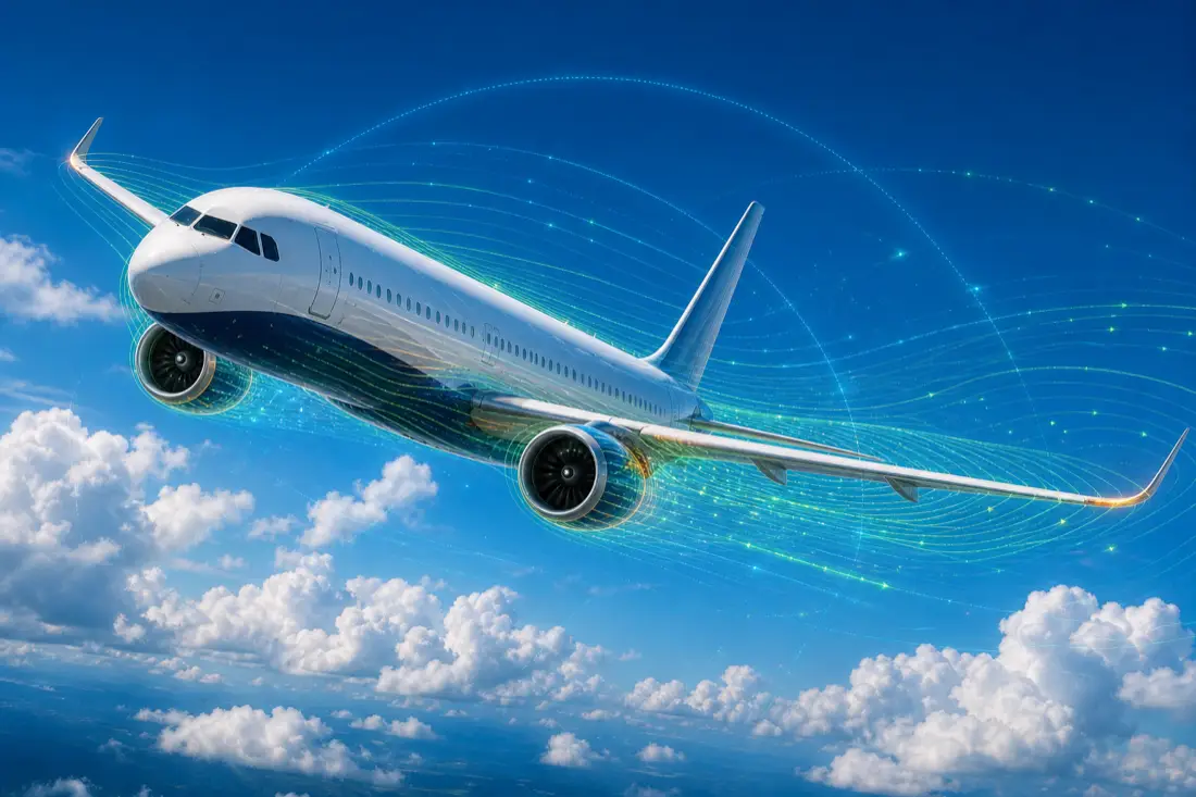 Commercial jet in a blue sky with clouds and airflow traces.