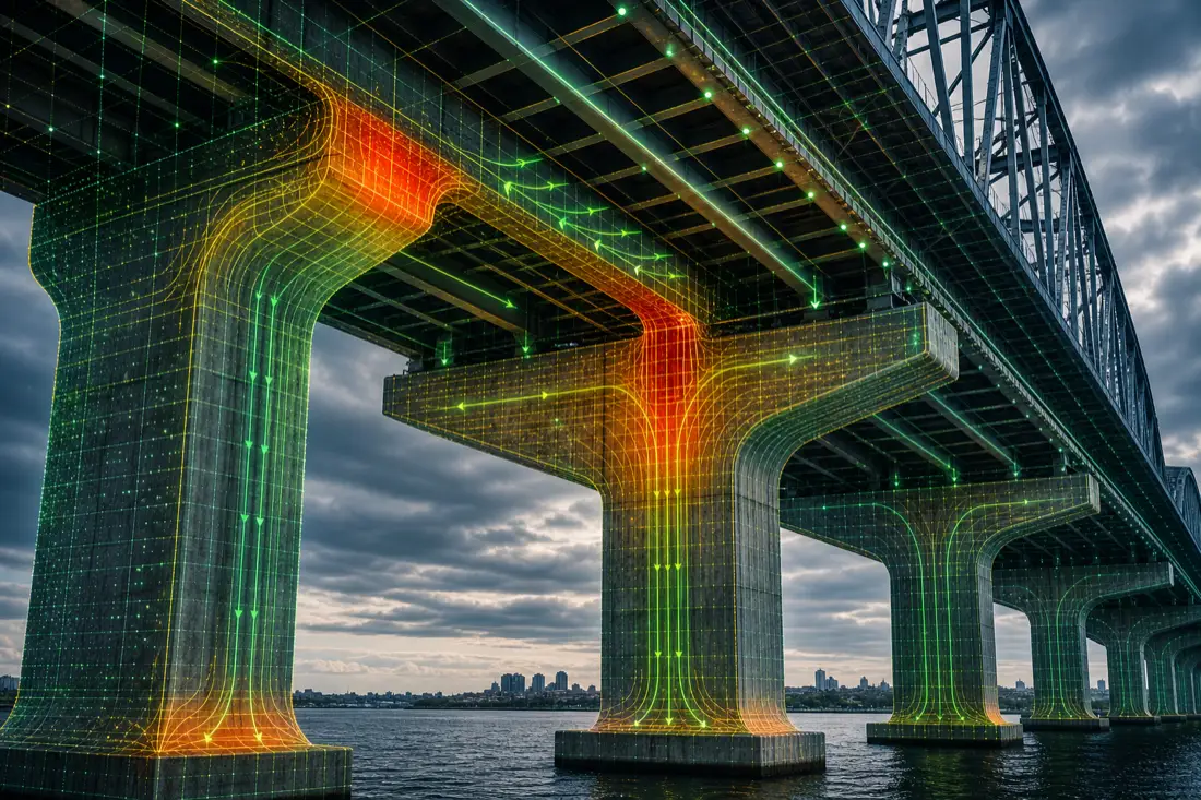 Bridge structure with stress contours and load paths.