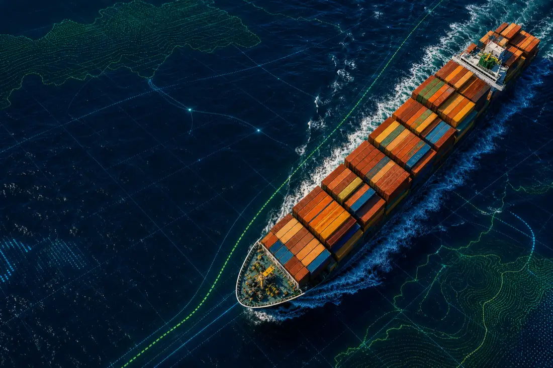 Cargo ship crossing a deep blue ocean with route and grid overlays.
